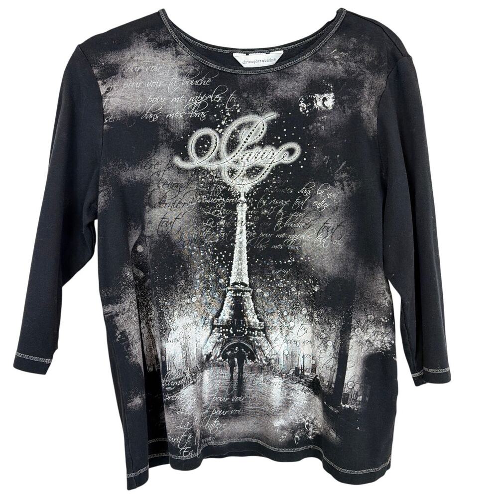 Vintage Christopher Banks Paris Motif 3/4 Sleeve Top L